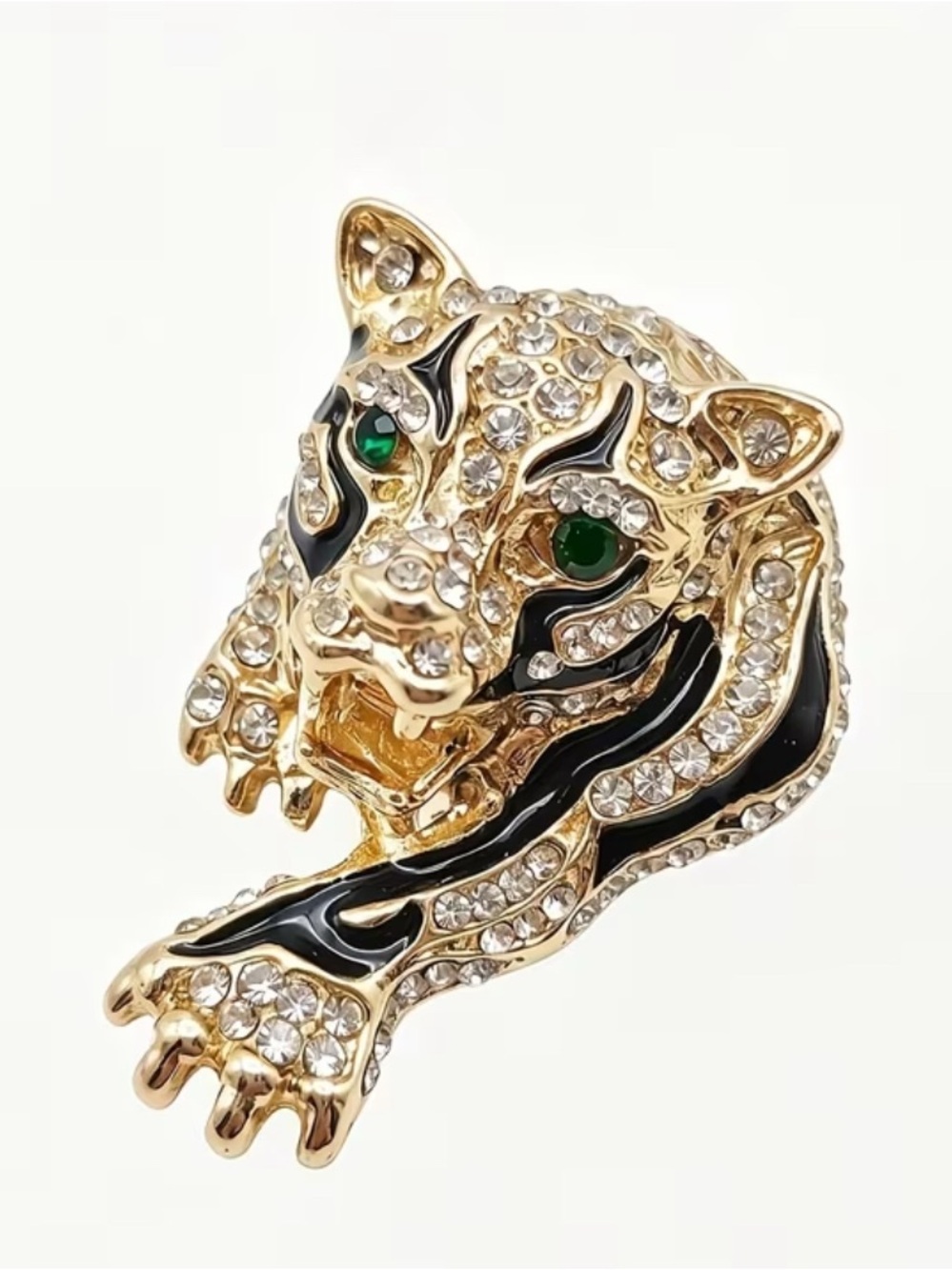 Unisex Vintage Leopard Head Brooch with Green Eyes and Clear Crystals